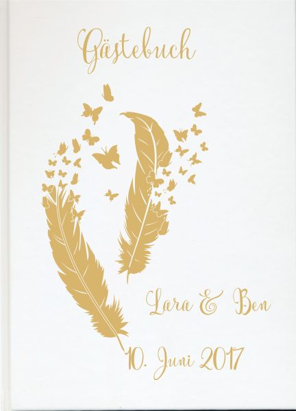 Personalisiertes Gästebuch für Ihre Hochzeit Federn Gold