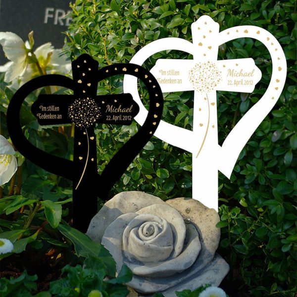 Personalisiertes Grabkreuz mit Herz Pusteblume aus Herzen