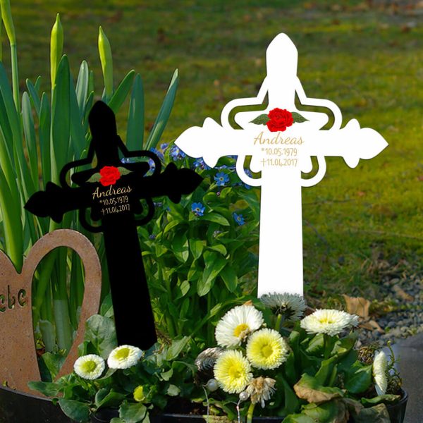 Personalisiertes Grabkreuz mit Stern Rote Rose