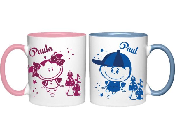 Tassen Twinset in rosa und blau mit Name und Paul & Paula Sonnenschein