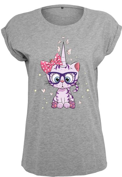 Damen T-Shirt Extended Shoulder Tee Einhorn Kittykorn Katze lila mit Brille