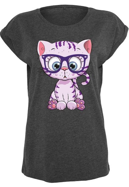 Damen T-Shirt Extended Shoulder Tee Kitty Katze Cat mit Brille lila