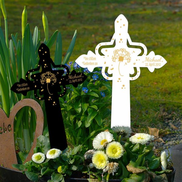 Personalisiertes Grabkreuz mit Stern Pusteblume