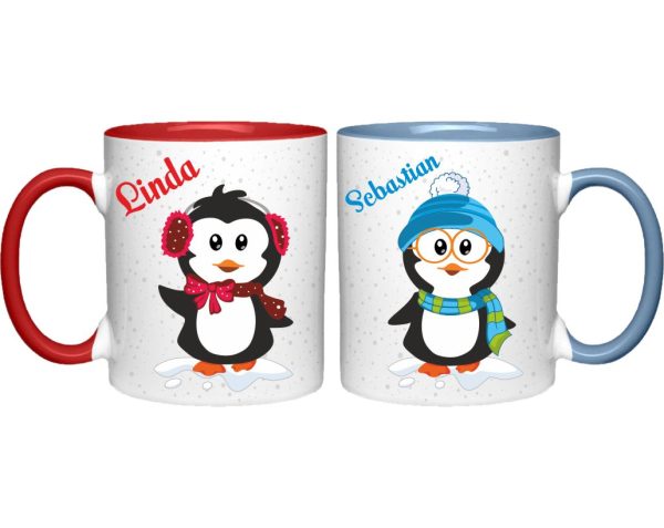 Tassen Twinset in rot und blau mit Name und Pinguin Luise und Ferdinand