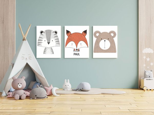 3er Set Leinwand für Kinderzimmer Dekoration personalisiert mit Name und Tiere Tiger Fuchs Bär