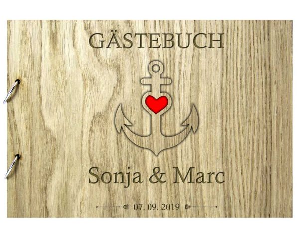 Rustikales Gästebuch aus Holz zur Hochzeit personalisiert Ankerherz
