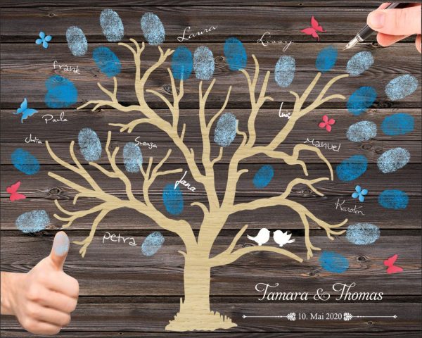 Personalisiertes Fingerabdruck Hochzeitsgästebuch auf Leinwand mit rustikalen Baum