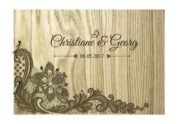 Rustikales Gästebuch aus Holz zur Hochzeit personalisiert Ranke
