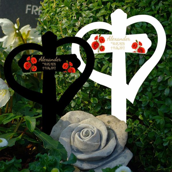 Grabkreuz mit Herz Mohnblumen
