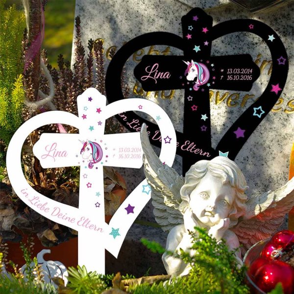 Personalisiertes Grabkreuz mit Herz für Sternenkind Einhorn Beauty