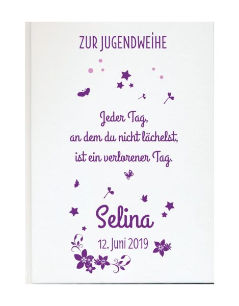 Personalisiertes Gästebuch zur Jugendweihe mit Namen und Datum Blüten und Sternchen in lila