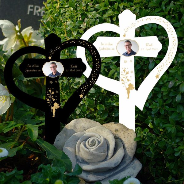 Personalisiertes Grabkreuz mit Herz Goldener Engel mit Foto
