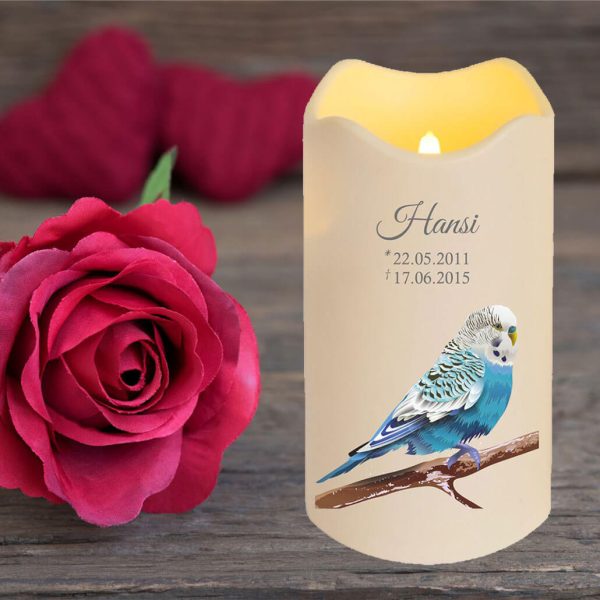 Personalisierte LED Kerze Trauerkerze aus Kunststoff für Tiere Blauer Vogel