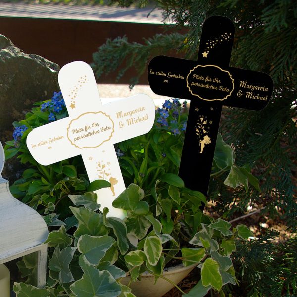 Personalisiertes Grabkreuz mit Foto und Goldener Engel