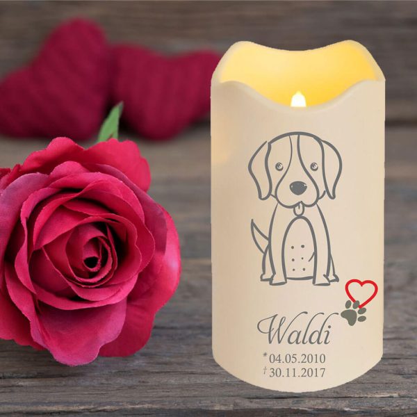 Personalisierte LED Kerze Trauerkerze aus Kunststoff für Tiere Hund Silhouette