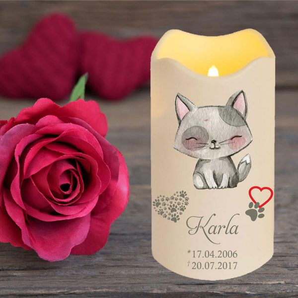 Personalisierte LED Kerze Trauerkerze aus Kunststoff für Tiere Katze sitzend