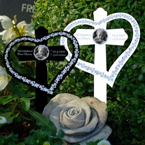 Personalisiertes Grabkreuz mit Herz Vergissmeinnicht mit Foto