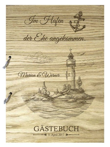 Rustikales Gästebuch aus Holz zur Hochzeit personalisiert Maritim Leuchtturm
