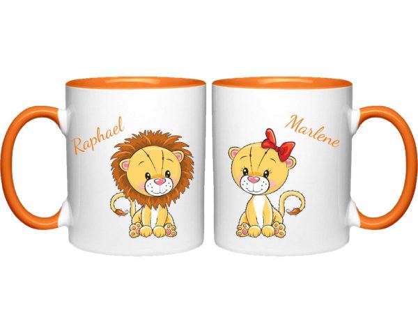 Tassen Twinset in orange mit Name und Löwenpärchen