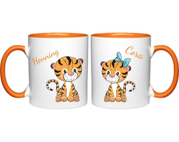Tassen Twinset in orange mit Name und Tigerpärchen