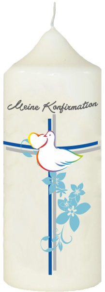 Kerze zur Konfirmation mit Namen und Datum blaues Kreuz mit buntem Vogel