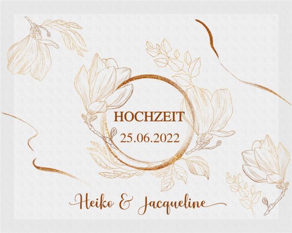 Herzlich Willkommen Schild auf Leinwand zur Hochzeit mit Datum und Namen Fineline Blumen Gold