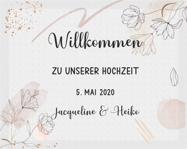 Herzlich Willkommen Schild auf Leinwand zur Hochzeit mit Datum und Namen Fineline Blumen